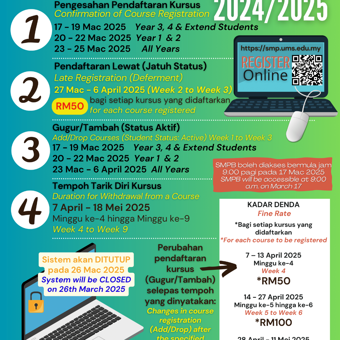 TARIKH-TARIKH PENTING PENDAFTARAN KURSUS SEMESTER 2 SESI 2024/2025 / IMPORTANT DATES FOR COURSE REGISTRATION SEMESTER 2, 2024/2025 SESSION