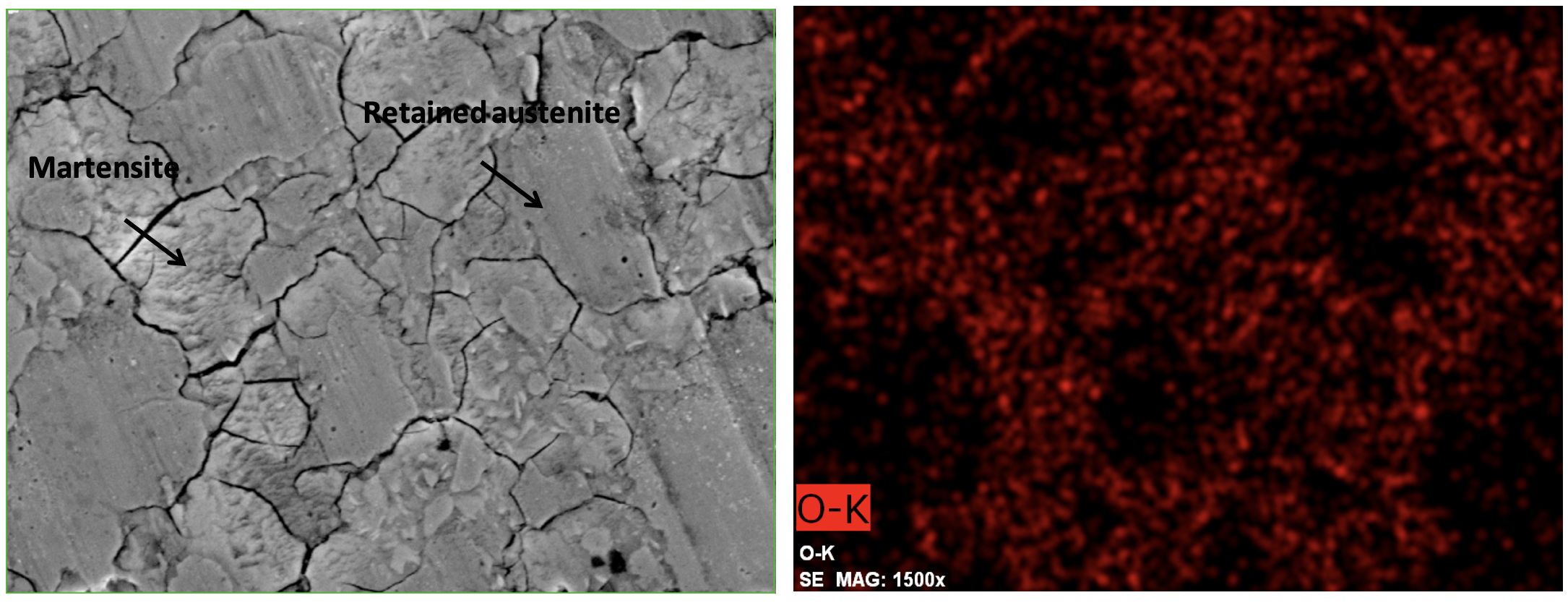 EDX-element-mappings showed that martensite in the worn carburized layer had higher O content Image