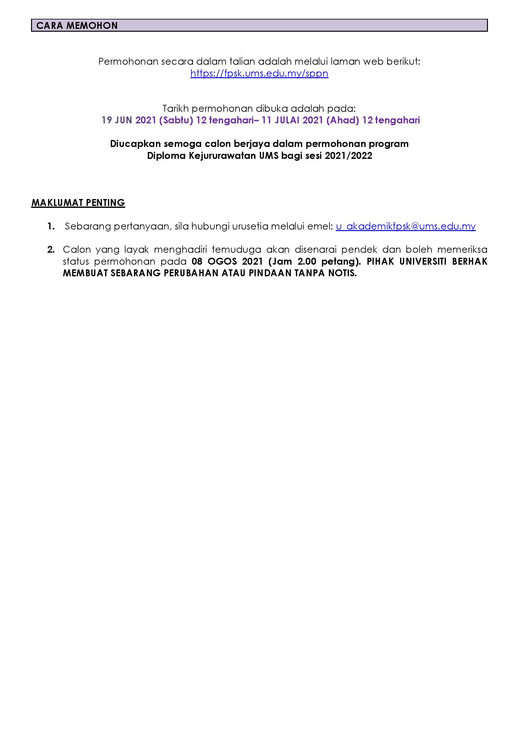 PROGRAM DIPLOMA KEJURURAWATAN SESI OKTOBER 2021/2022