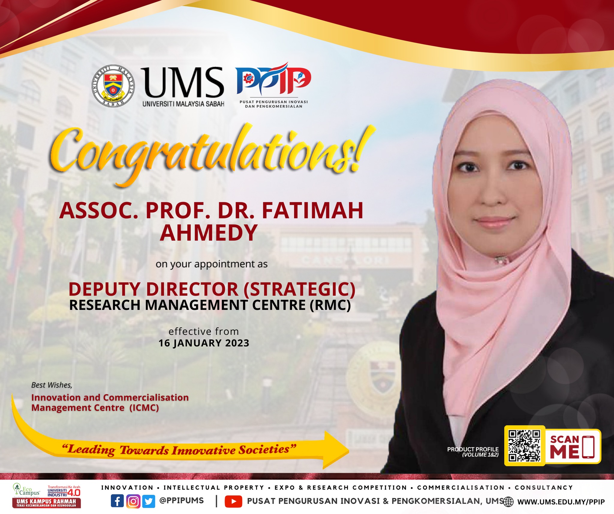 Congratulations to Assoc. Prof. Dr. Fatimah Ahmedy on your appointment as the Deputy Director (Strategic) of RMC, UMS