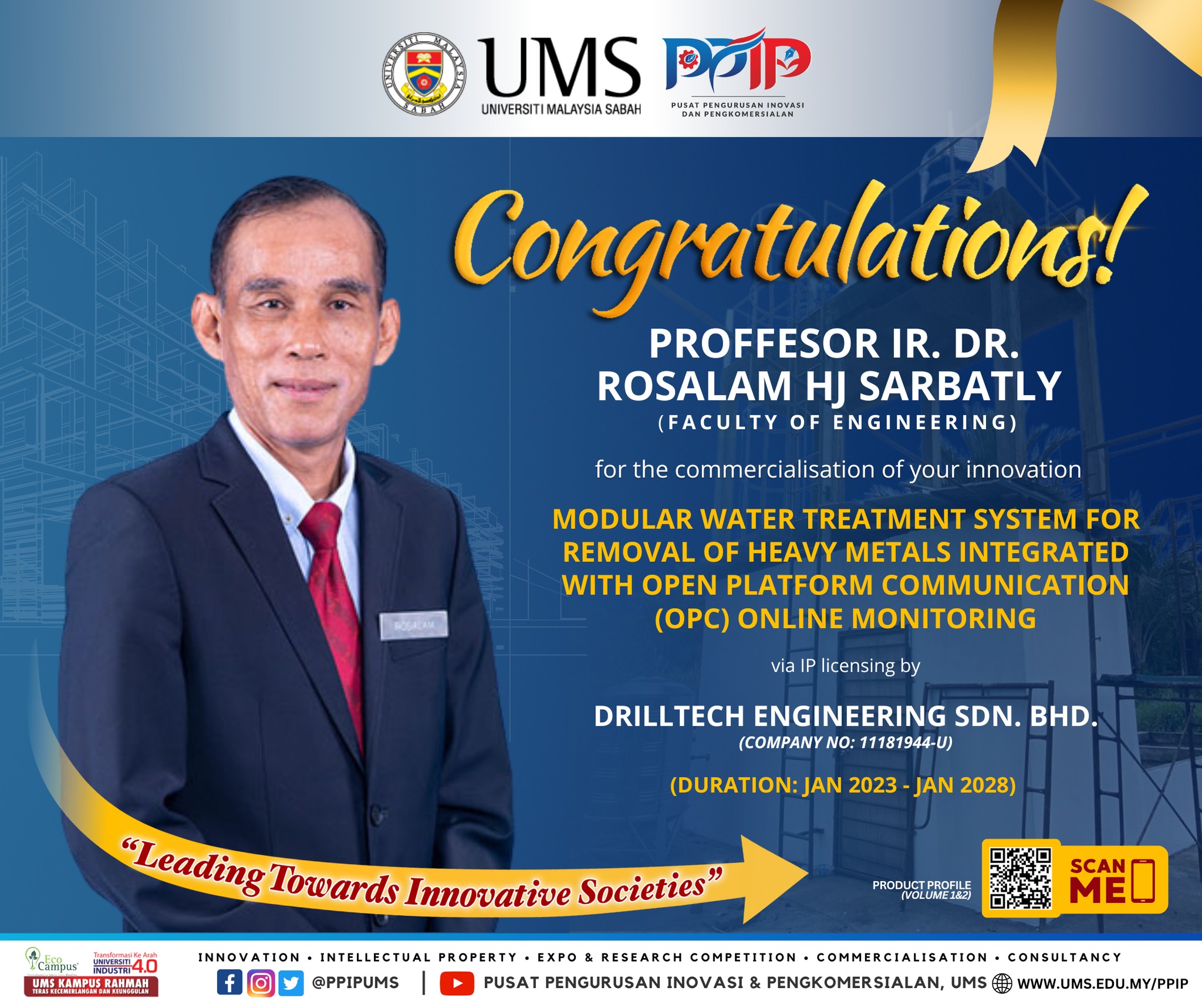 Congratulations to Professor Ir. Dr. Rosalam Hj. Sarbatly, for the commercialisation of your innovation!