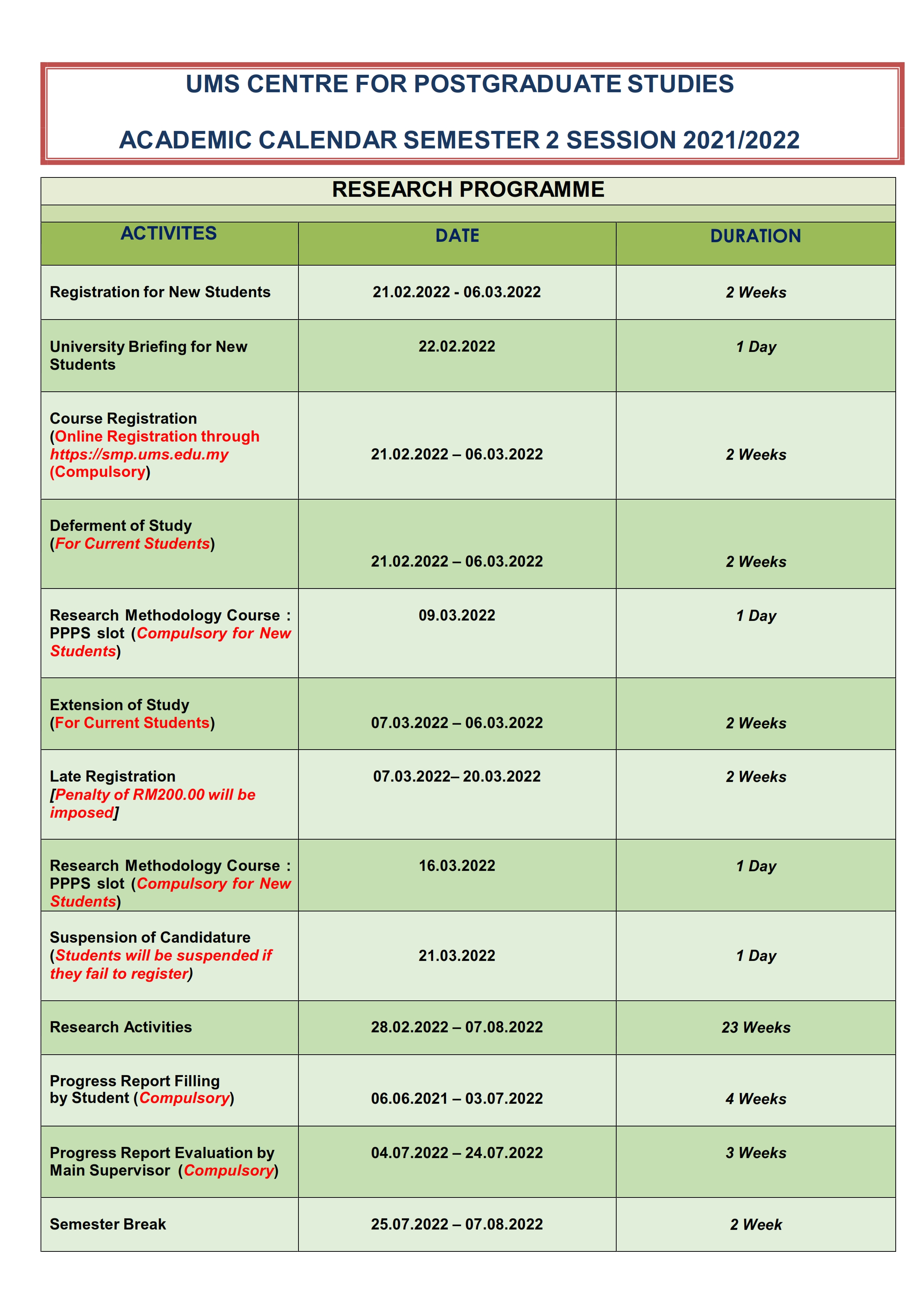 Academic Calendar Centre For Postgraduate Studies