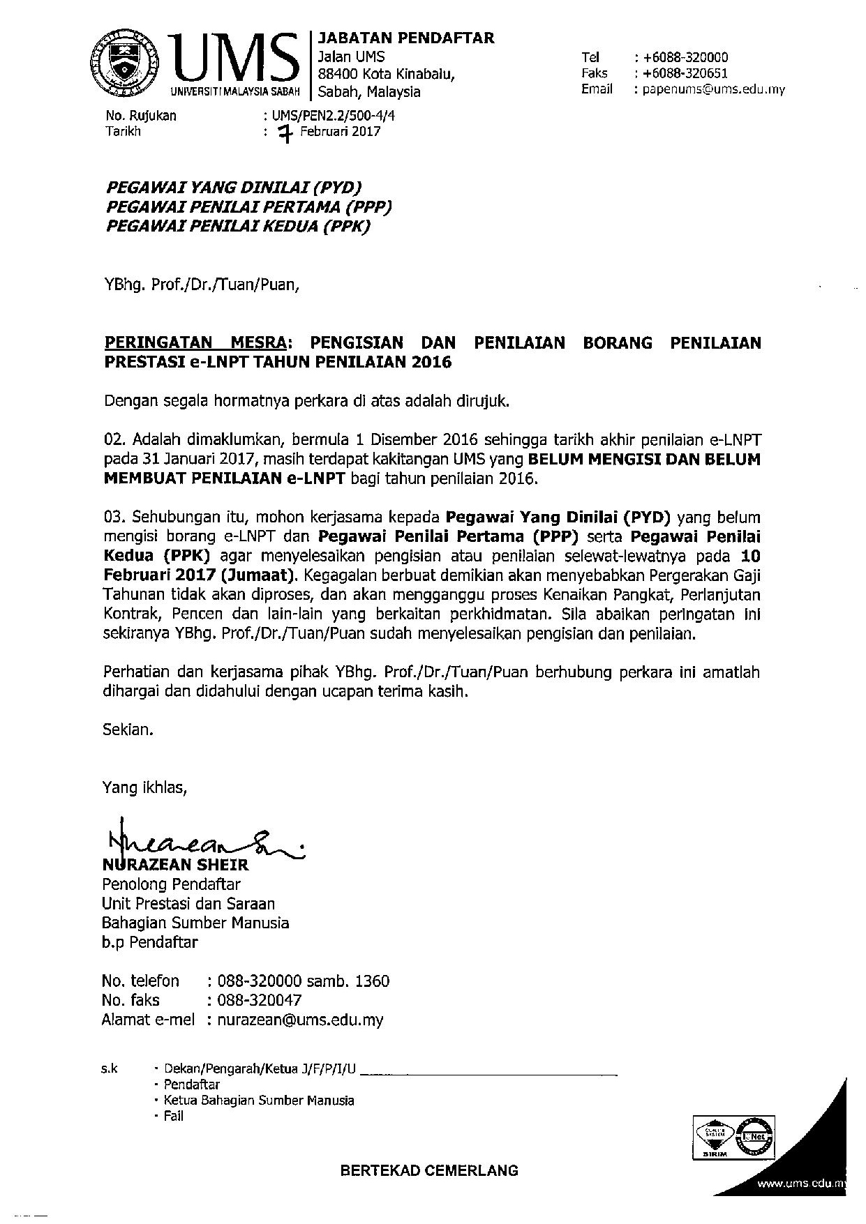 Peringatan Mesra Pengisian Dan Penilaian Borang Penilaian Prestasi E Lnpt Tahun Penilaian 2016